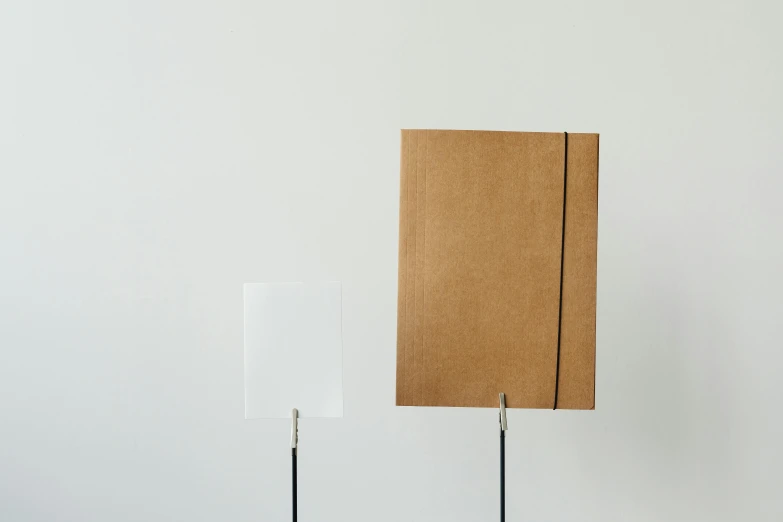 a book sitting on top of a table next to a lamp, an album cover, by Harvey Quaytman, unsplash, postminimalism, whiteboards, thin wires, brown paper, set against a white background