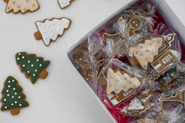 a box that has some cookies in it, a picture, by Emma Andijewska, pexels, christmas tree, 🦩🪐🐞👩🏻🦳, detailed product image, white box