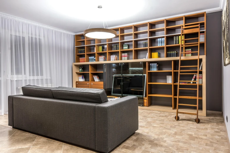 a living room filled with furniture and bookshelves, by Adam Marczyński, pexels contest winner, light and space, high detail 4 k, modern minimalist f 2 0, secret room upstairs, wooden furniture