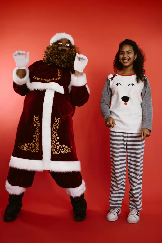 a little girl standing next to a santa clause, a cartoon, happening, wearing a baggy pajamas, the gruffalo, regal pose, maroon