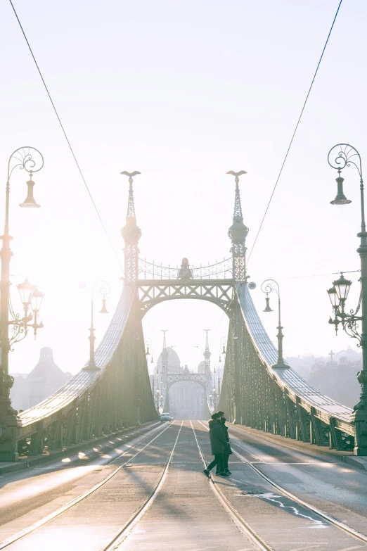 a person riding a bike across a bridge, a picture, pexels contest winner, baroque, morning haze, budapest street background, white sweeping arches, asymmetrical spires