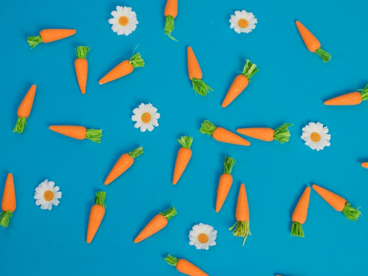 a bunch of carrots sitting on top of a blue surface, inspired by David Hockney, pexels contest winner, paper origami flowers, repeating pattern, background image, miffy