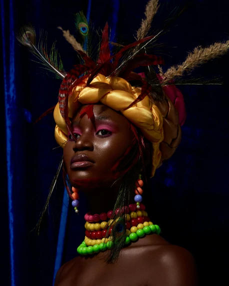 a close up of a person wearing a headdress, inspired by Ras Akyem, trending on unsplash, fashion color studio lighting, adut akech, studio lighting”