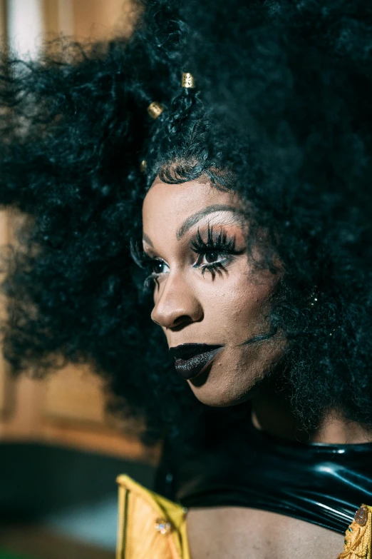 a close up of a person wearing a costume, afrofuturism, curly dark hair, wearing goth makeup, sza, felix kelly