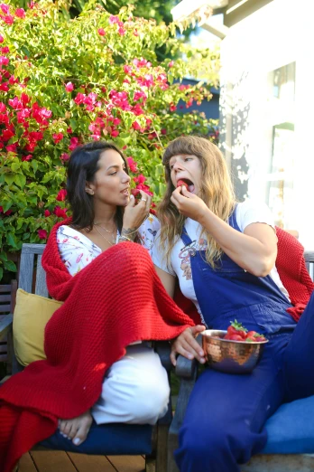 a couple of women sitting on top of a wooden bench, strawberries, red and blue garments, eating outside, wearing overalls