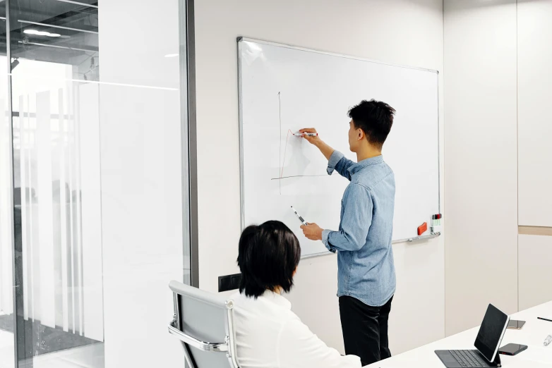 a man and a woman standing in front of a whiteboard, by Jang Seung-eop, pexels contest winner, cubical meeting room office, writing on a clipboard, melbourne, thumbnail