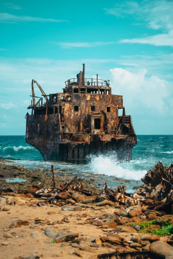 a ship sitting on top of a beach next to the ocean, building crumbling, the ocean, rust, caribbean