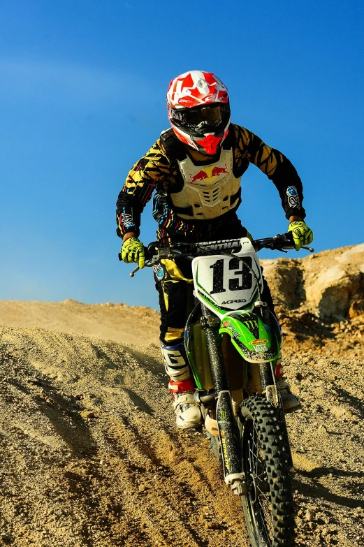 a person riding a dirt bike on a dirt road, profile image, monster energy, tournament, rocky terrain