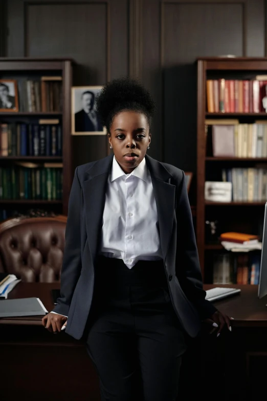 a woman sitting at a desk in front of a computer, an album cover, inspired by Carrie Mae Weems, pexels contest winner, lawyer suit, proud serious expression, light skinned african young girl, in a library