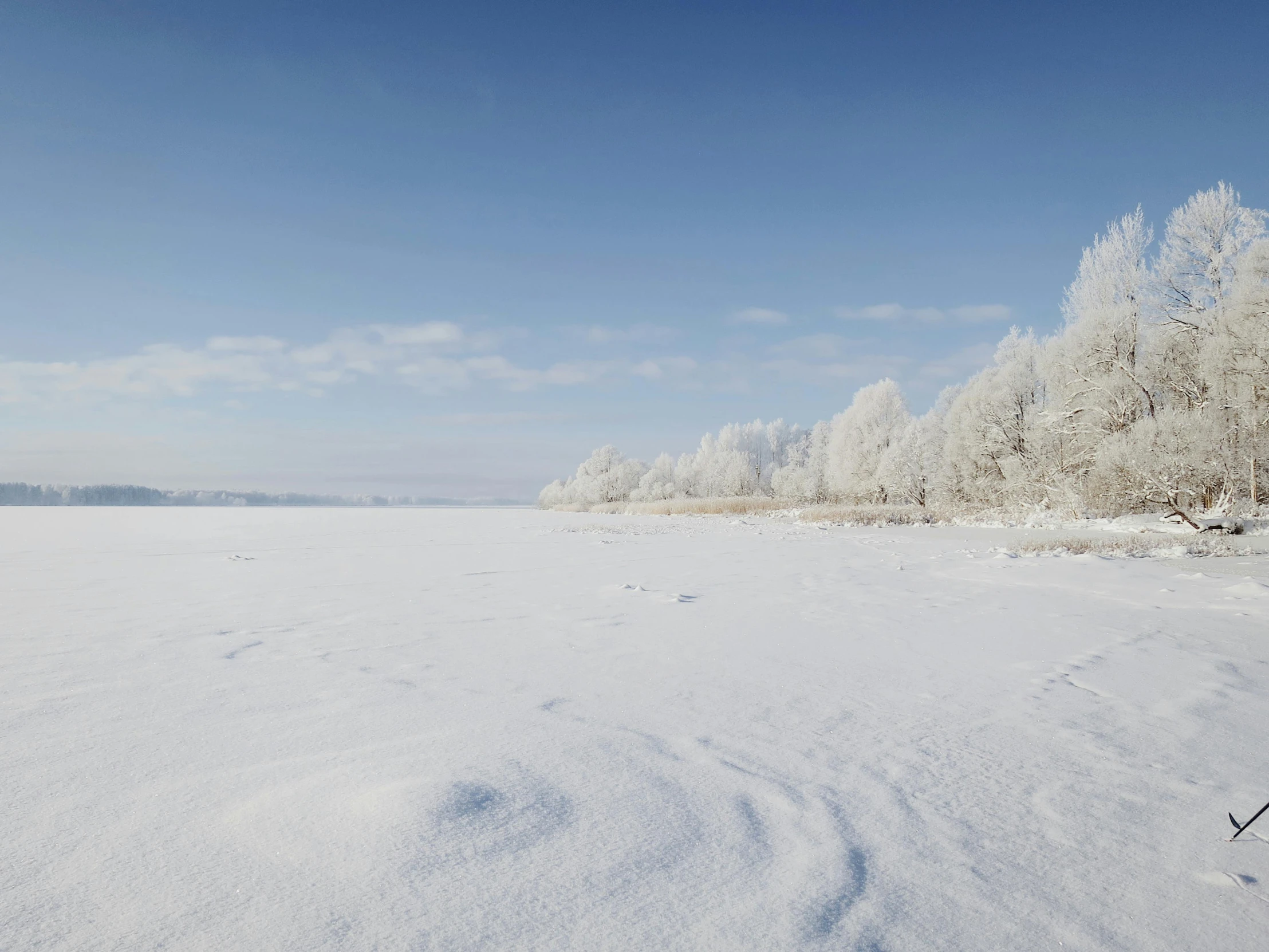 a man riding skis down a snow covered slope, an album cover, inspired by Eero Järnefelt, pexels contest winner, land art, a photo of a lake on a sunny day, trees. wide view, sparse frozen landscape, thumbnail