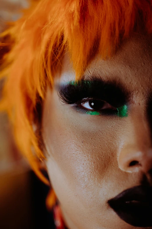 a close up of a person with orange hair, inspired by Tadashi Nakayama, drag queen, green fur, fierce and wild look, julian ope