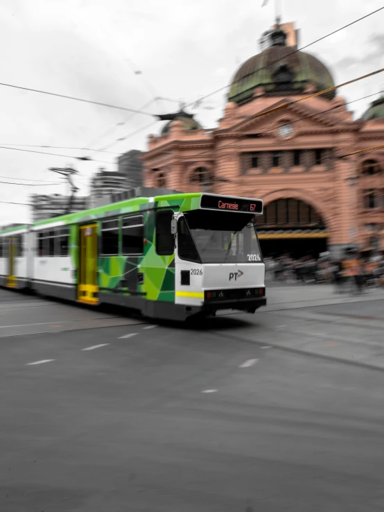 a green and white bus on a city street, southern cross, high-quality photo, thumbnail, hyperrealistic vfx render