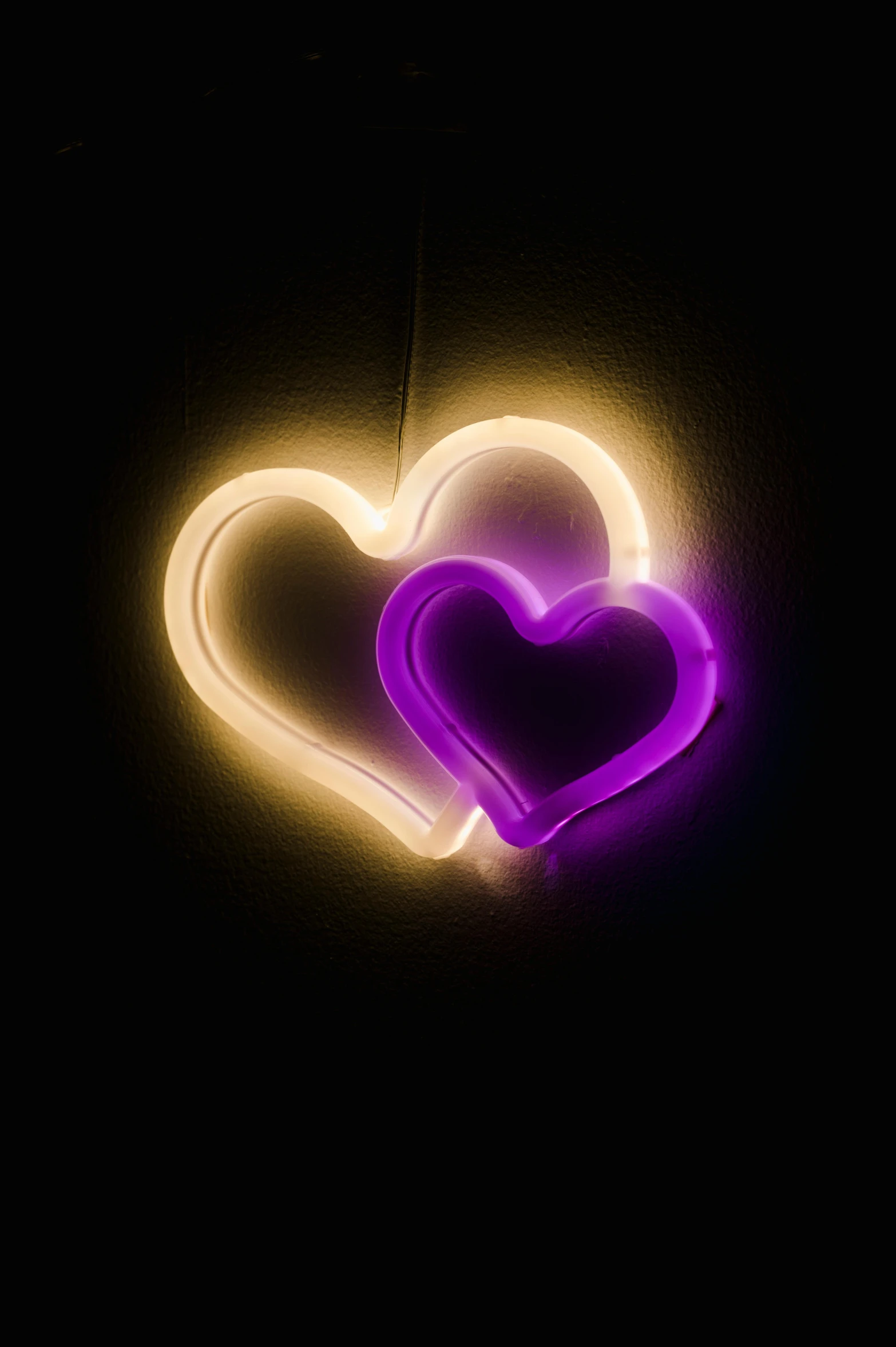 a couple of lights that are in the shape of a heart, a picture, pexels, lime and violet, intertwined, soft neon, indoor picture