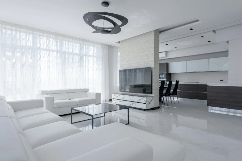 a living room filled with white furniture and a flat screen tv, a 3D render, inspired by Willem Claeszoon Heda, pexels contest winner, light and space, marble floor, luxury condo interior, modern minimalist f 2 0 clean, clean 4 k