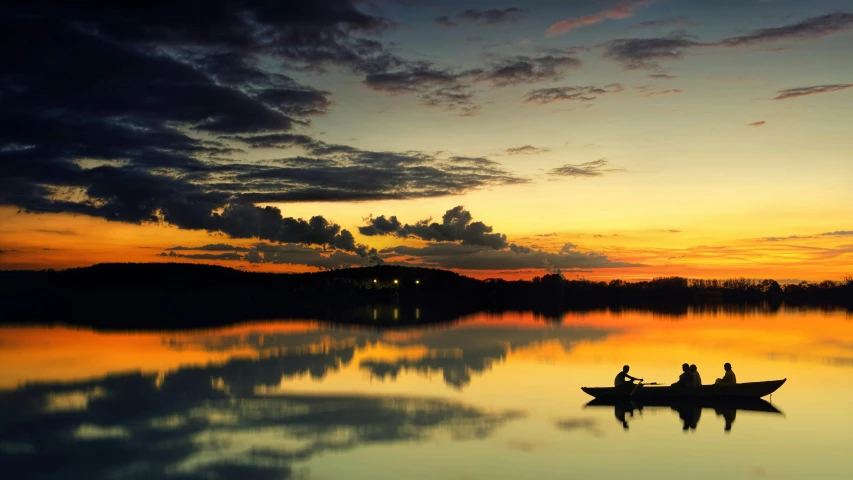 a couple of people in a small boat on a lake, pexels contest winner, romanticism, crepuscule, minn, panoramic photography, fan favorite