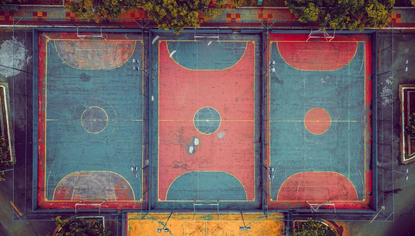 an aerial view of an outdoor basketball court, an album cover, by Adam Marczyński, unsplash contest winner, conceptual art, 15081959 21121991 01012000 4k, retro colors, panels, hyperdetailed colourful