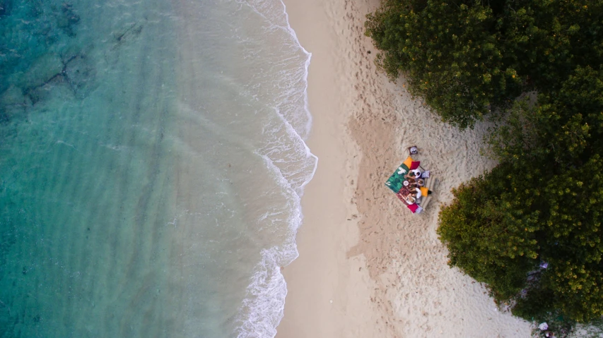 a couple of people laying on top of a sandy beach, flatlay, vibrantly lush, birdeye, nature photo