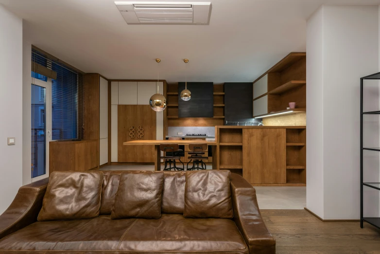 a brown leather couch sitting in a living room, by Ivan Grohar, unsplash contest winner, light and space, wood cabinets, kitchenette and conferenceroom, neo kyiv, recessed