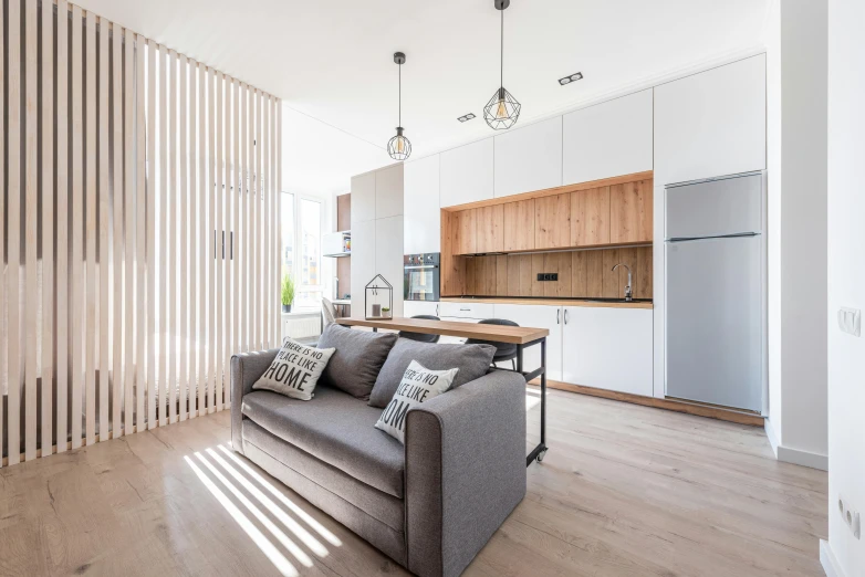 a couch sitting in a living room next to a kitchen, by Adam Marczyński, pexels contest winner, light and space, wood cabinets, white grey color palette, high ceilings, interior of a small room