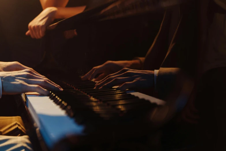 a close up of a person playing a piano, 3 jazz musicians, warm coloured, thumbnail, lounge background