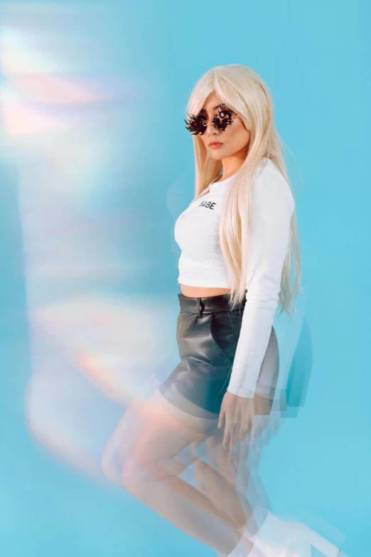 a woman in a white shirt and black leather skirt, an album cover, inspired by Elsa Bleda, trending on pexels, holography, white long hair!!, nicki minaj curvy, casual pose, taken in 2 0 2 0