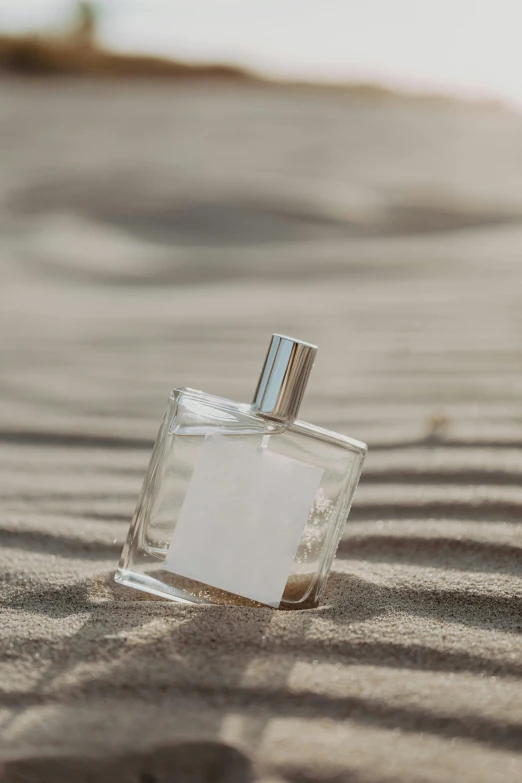 a bottle of perfume sitting in the sand, detailed product image, silver mist, sunny day time, rectangle