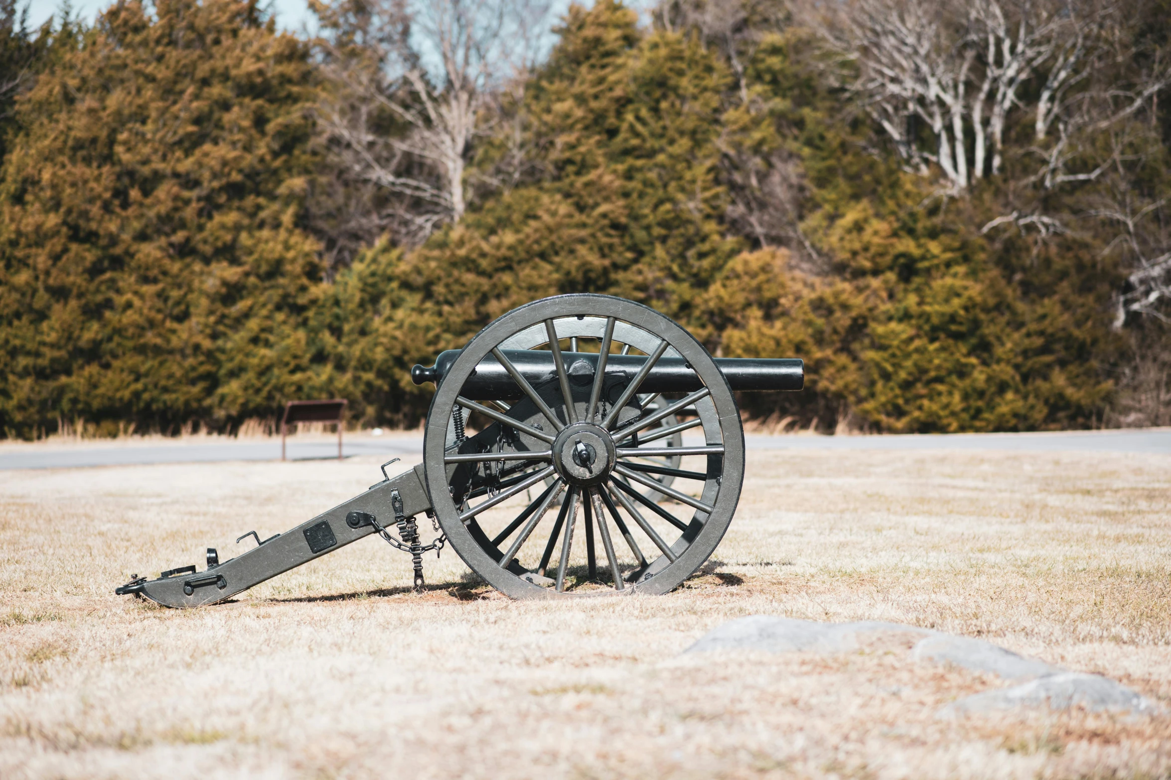 a cannon sitting in the middle of a field, by Carey Morris, pexels contest winner, washington dc, grey, tiffany dover, 3/4 side view