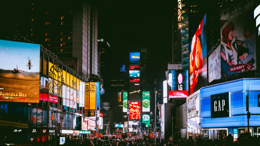 a busy city street filled with lots of billboards, pexels contest winner, new york city at night, square, thumbnail, high quality image