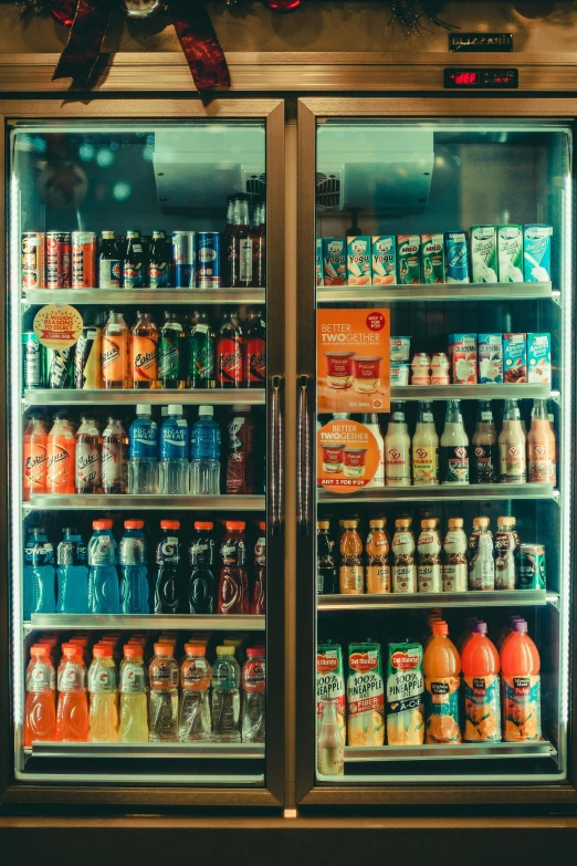 a refrigerator filled with lots of different types of drinks, pexels, hyperrealism, inside a gas station, teal and orange, movie photo, performance