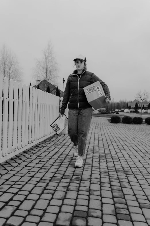 a black and white photo of a man walking a dog, delivering packages for amazon, carole feuerman, fencing, dale gribble