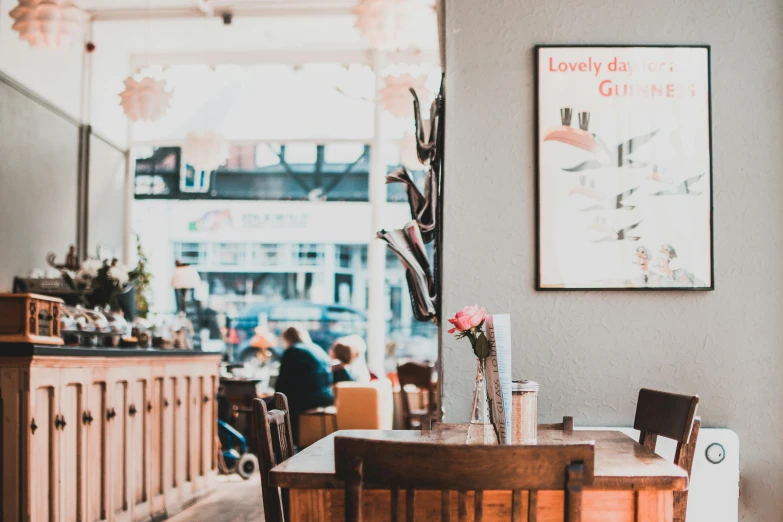 a dining room with a wooden table and chairs, pexels contest winner, happening, coffee shop, background image, mixed art, full-body