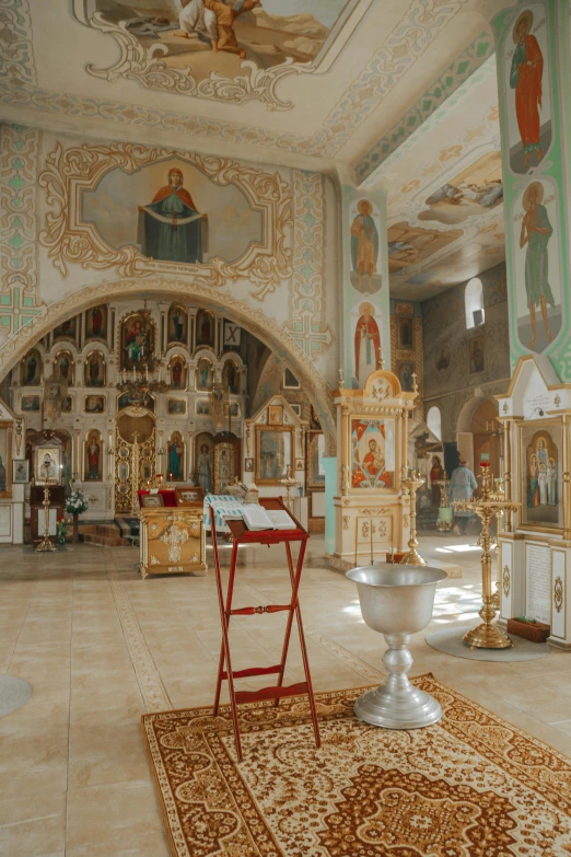 a church with a red ladder in the middle of it, inspired by Andrei Rublev, baroque, cyan and gold scheme, cavernous interior wide shot, 2 5 6 x 2 5 6 pixels, tallinn