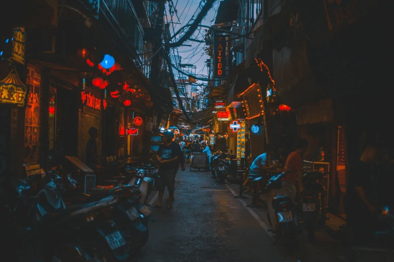 a street filled with lots of scooters and motorcycles, pexels contest winner, graffiti, evening lanterns, cyberpunk alley, old asian village, background image