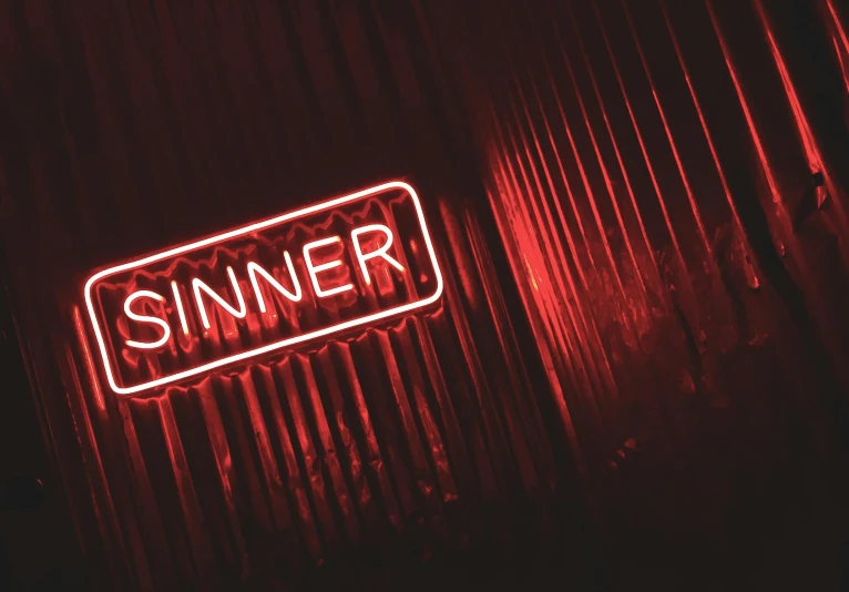 a red neon sign sitting on the side of a building, pexels contest winner, an evil catholic priest, the art of skinner, in a nightclub, hunger