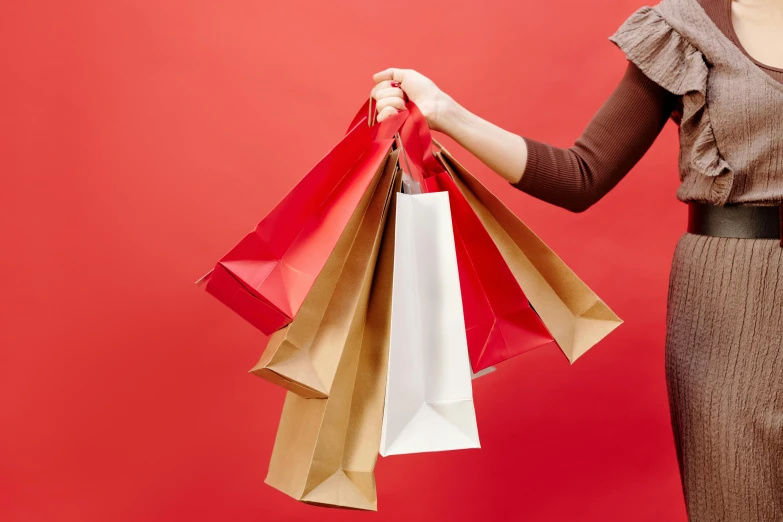 a woman holding shopping bags against a red background, pexels, plasticien, emma bridgewater and paperchase, brown, empty background, no - text no - logo