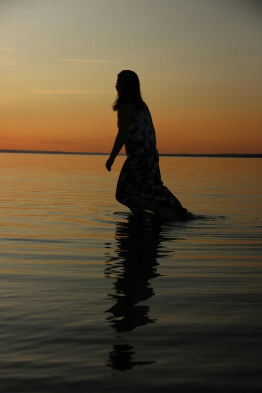 a woman standing in the water at sunset, by Heather Hudson, conceptual art, low quality photo, walking down, lynn skordal, contemplative