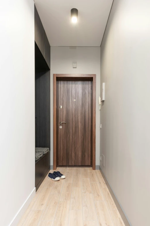 a hallway with a wooden door and white walls, unsplash, hyperrealism, neo kyiv, high quality photo, grey, brown