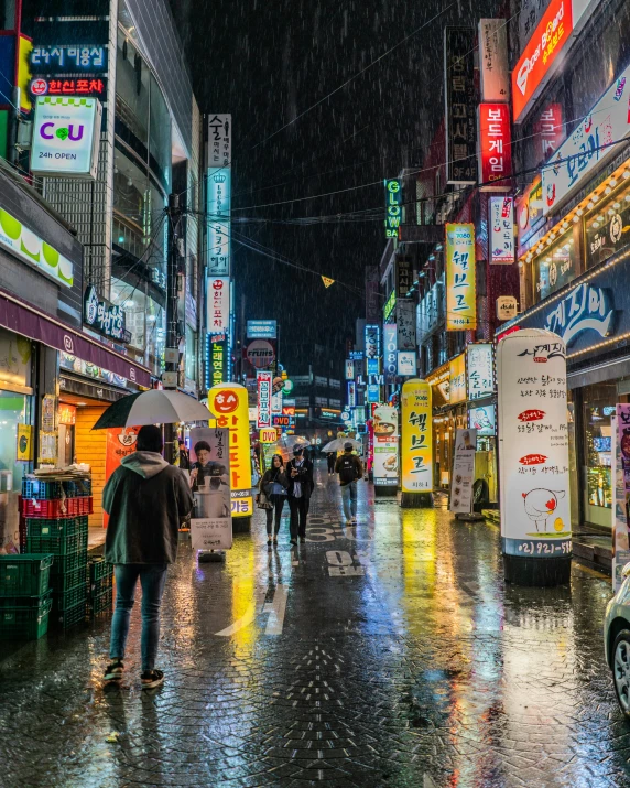 a group of people walking down a street in the rain, by Jang Seung-eop, unsplash contest winner, pixel art, colorful neon signs, traditional korean city, square, 2 0 2 2 photo