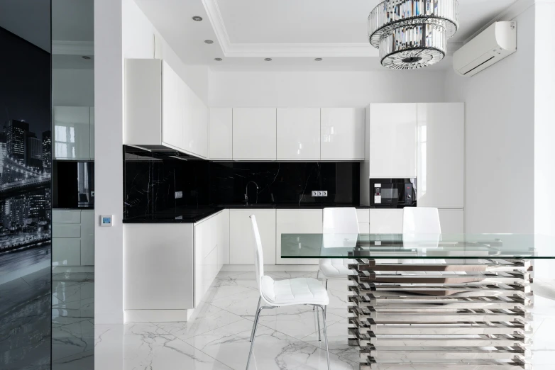 a kitchen with a glass table and a chandelier, inspired by Patrick Pietropoli, unsplash contest winner, minimalism, black marble, glossy white metal, neo kyiv, marble!! (eos 5ds r