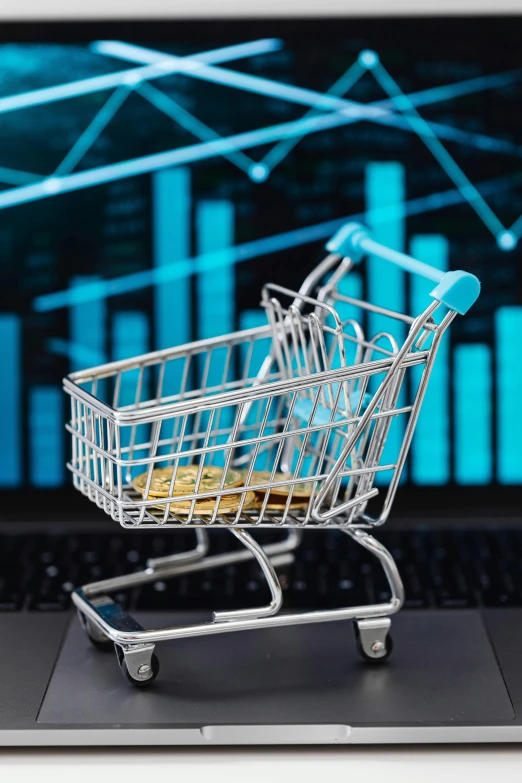 a shopping cart sitting on top of a laptop computer, a digital rendering, by Judith Gutierrez, shutterstock, renaissance, power bi dashboard, square, 15081959 21121991 01012000 4k, mall background