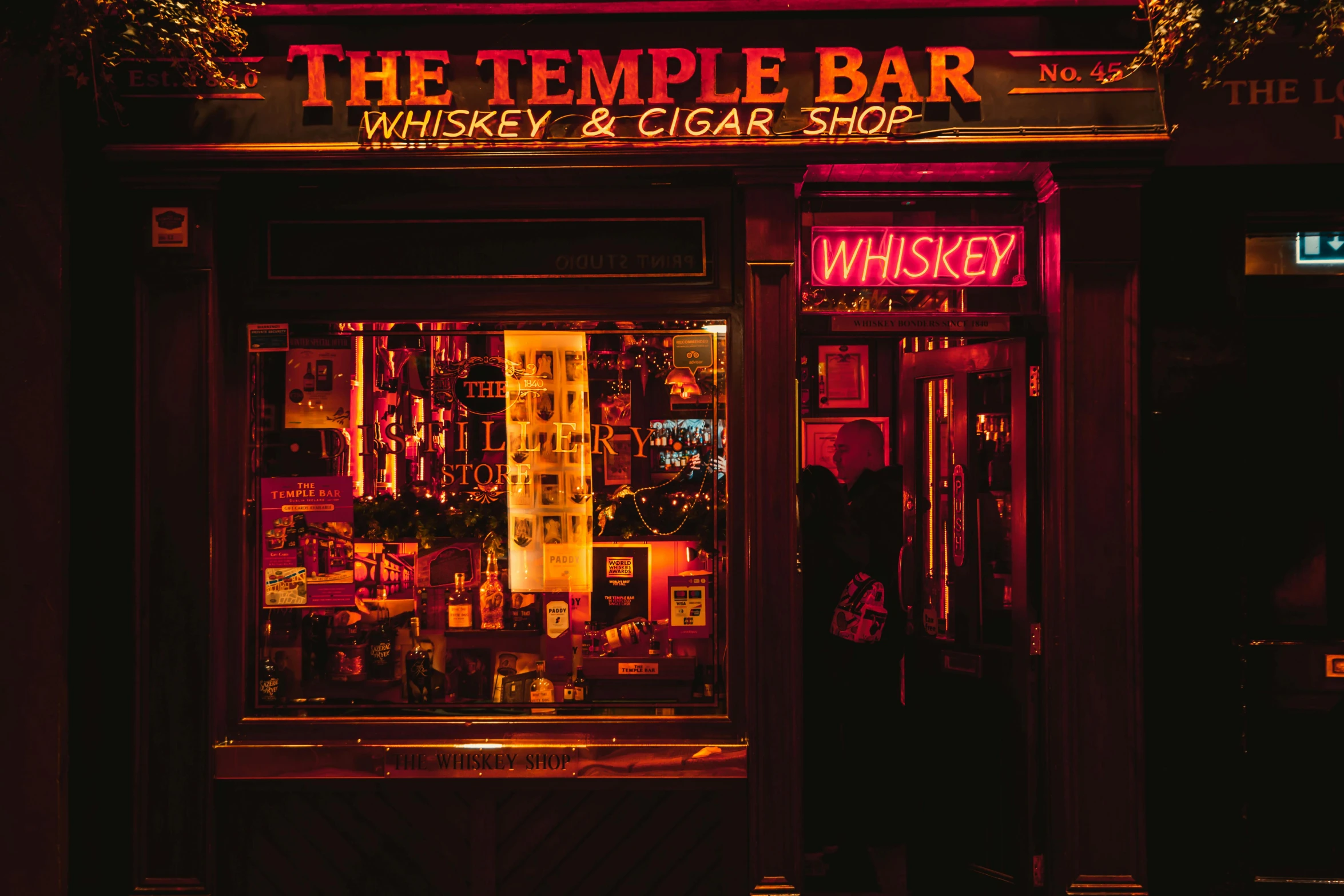 the temple bar is lit up at night, an album cover, unsplash contest winner, australian tonalism, red and white neon, whiskey, 90's photo, an escape room in a small