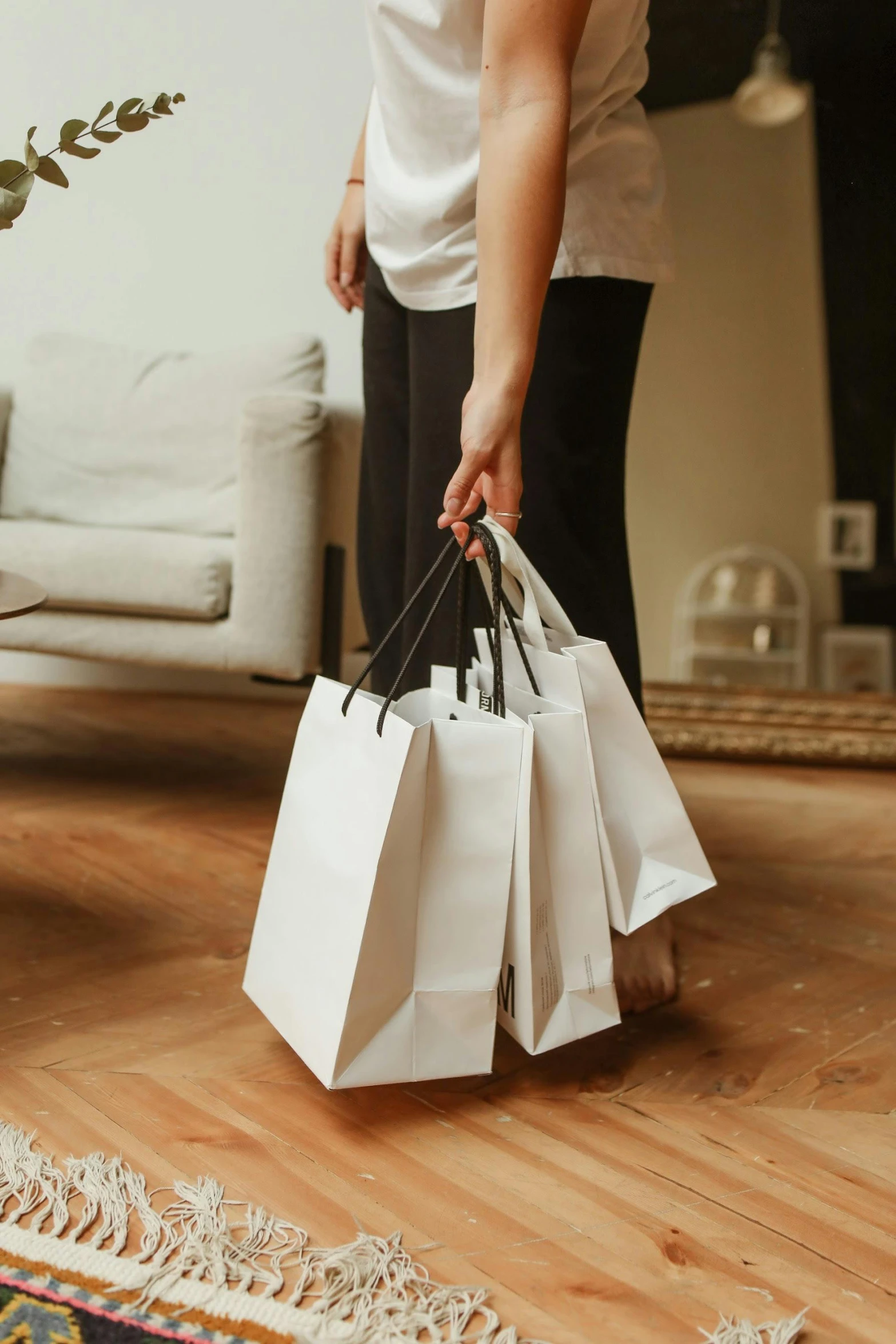 a woman holding shopping bags in a living room, happening, on high-quality paper, opening, merchants, premium