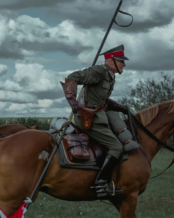 a man riding on the back of a brown horse, a colorized photo, by Emma Andijewska, unsplash contest winner, socialist realism, in full military garb, cosplay photo, holstering sword, cgsociety 4k”