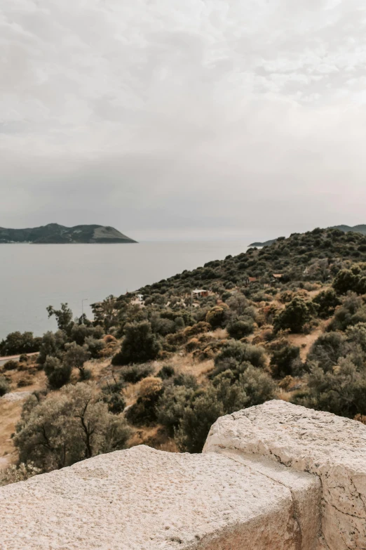 a stone wall overlooking a large body of water, by Exekias, epic wide shot, view from the top, olive trees, grey skies