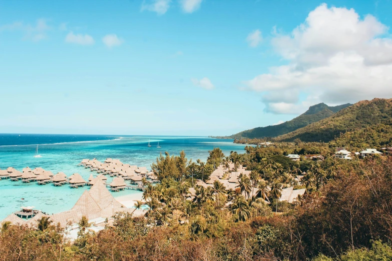 a large body of water next to a lush green hillside, by Simon Marmion, pexels contest winner, thatched roofs, coral reef, polynesian style, 🦩🪐🐞👩🏻🦳