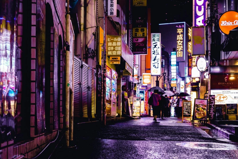 a couple of people walking down a street at night, a photo, pexels contest winner, ukiyo-e, purple neon colours, colorful signs, photograph of the city street, yellow street lights