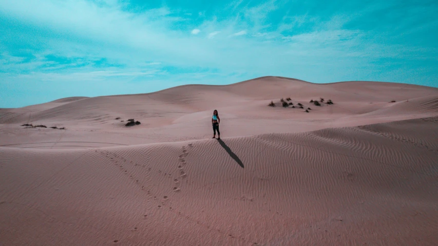 a person standing in the middle of a desert, inspired by Scarlett Hooft Graafland, pexels contest winner, mauve and cyan, youtube thumbnail, in the desert beside the gulf, subtle shadows