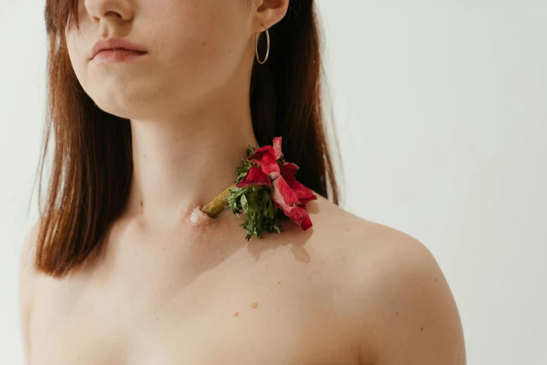 a close up of a woman with a flower on her neck, inspired by Méret Oppenheim, trending on pexels, bare torso, cut out, various posed, biophilia