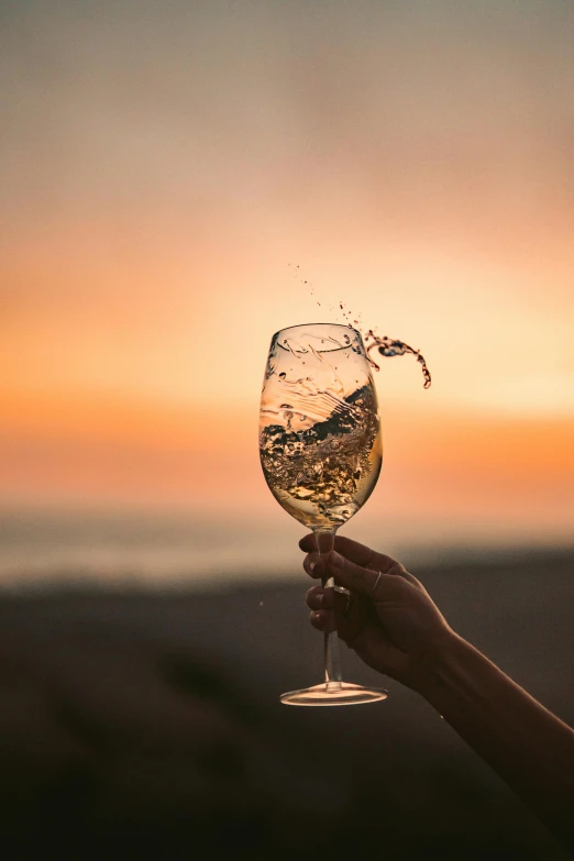 a person holding a wine glass with a sunset in the background, splashing