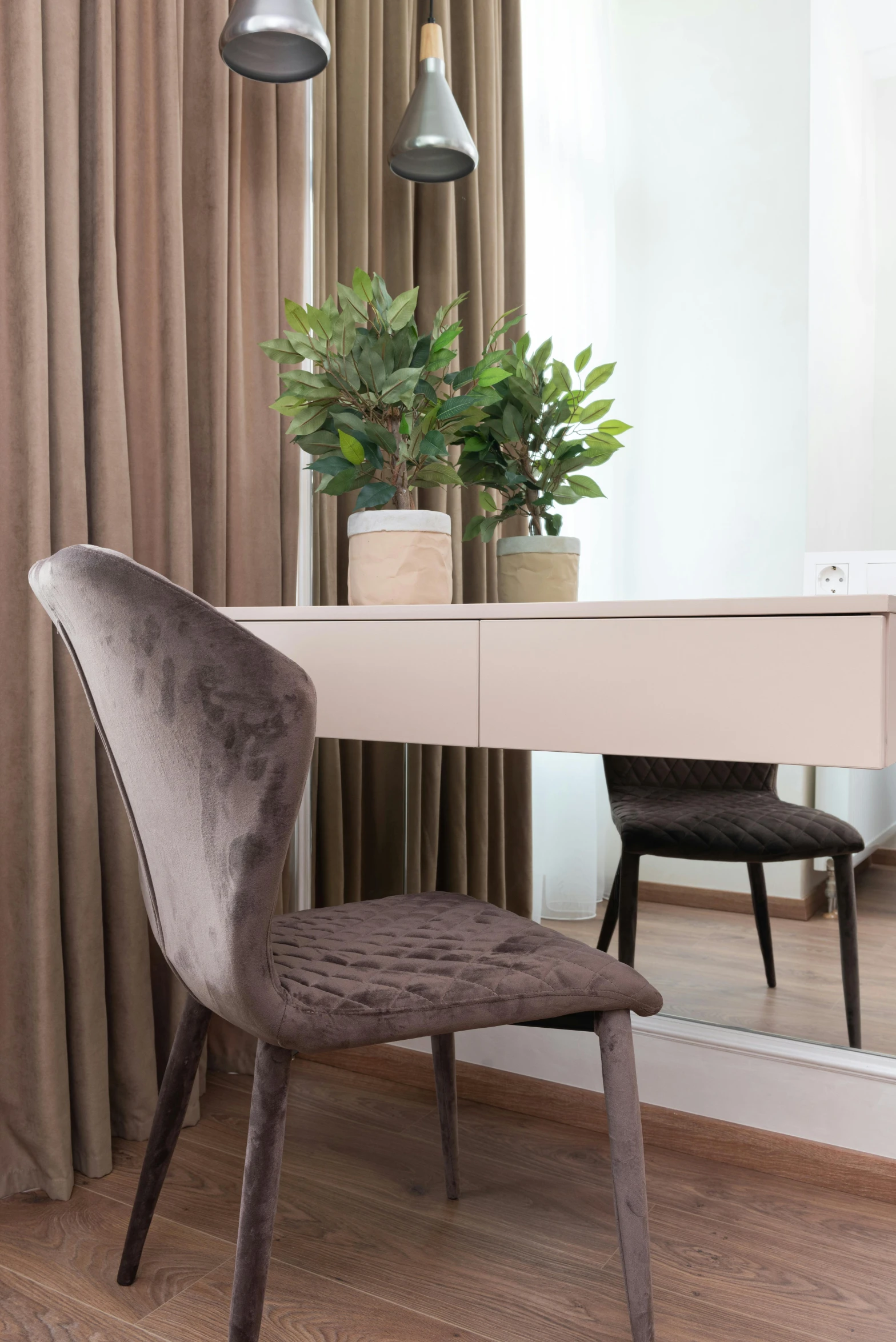 a chair sits in front of a desk with a mirror, taupe, designer furniture, zoomed in, warsaw